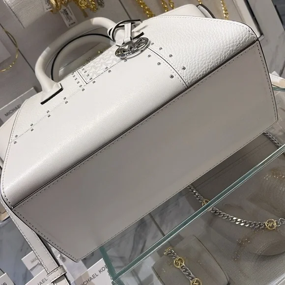 Michael Kors Avril Small Studded Patchwork and Signature Logo Satchel Crossbody - Picture 15 of 16